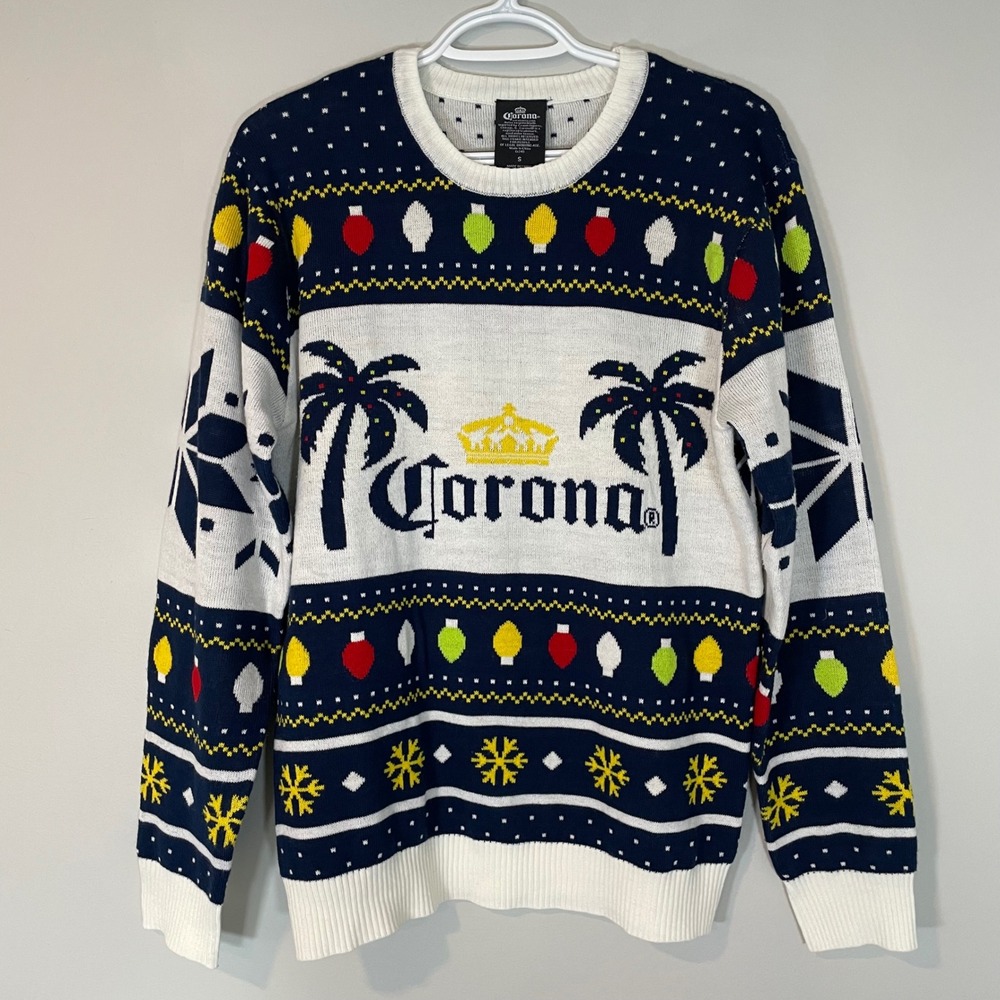 Corona Extra Mens Ugly Christmas Sweater S Fair Isle Blue Tropical Palm‎ Tree
